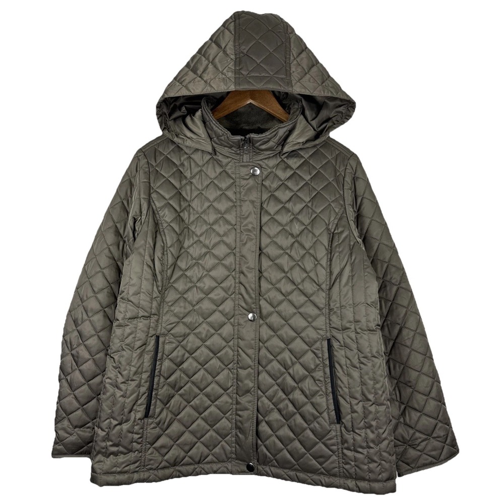 Braetan Quilted Coat Jacket Women XL Brown Hodded Full Zip Snap Adjustable Waist